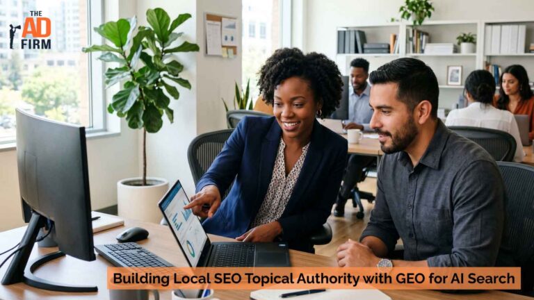 A business professional showing a colleague insights about local SEO and GEO optimization for AI-driven search results.