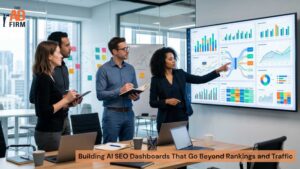SEO team reviewing an AI SEO dashboard with charts and performance data.