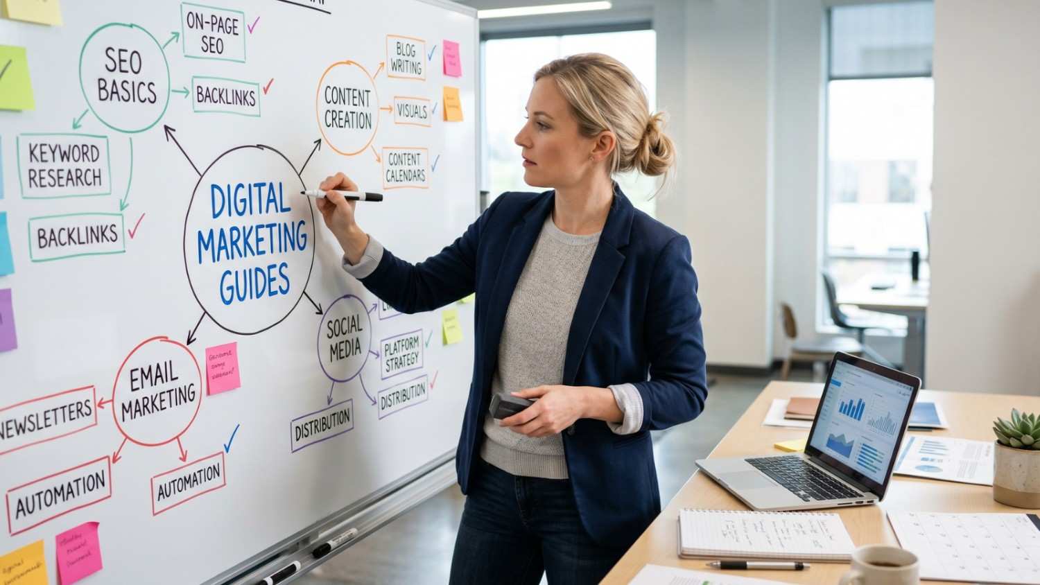 A professional writes on a whiteboard, mapping out a comprehensive digital marketing guide, with subtopics like SEO, social media, and email marketing.