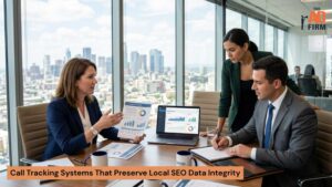 Business professionals discuss call tracking reports and local SEO performance data.