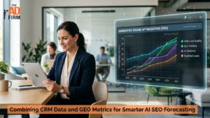 Business professional reviewing CRM data, GEO visibility, AI citations, and qualified leads for AI SEO forecasting.