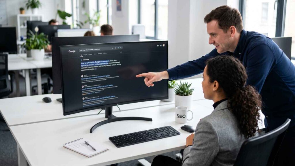 SEO team reviewing AI Overview citations on a desktop screen.