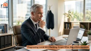 Business professional reviewing local SEO performance data on a laptop after a ranking drop.