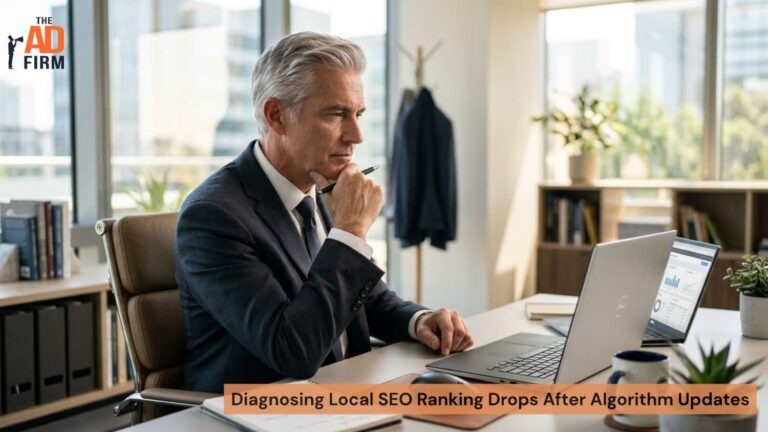 Business professional reviewing local SEO performance data on a laptop after a ranking drop.