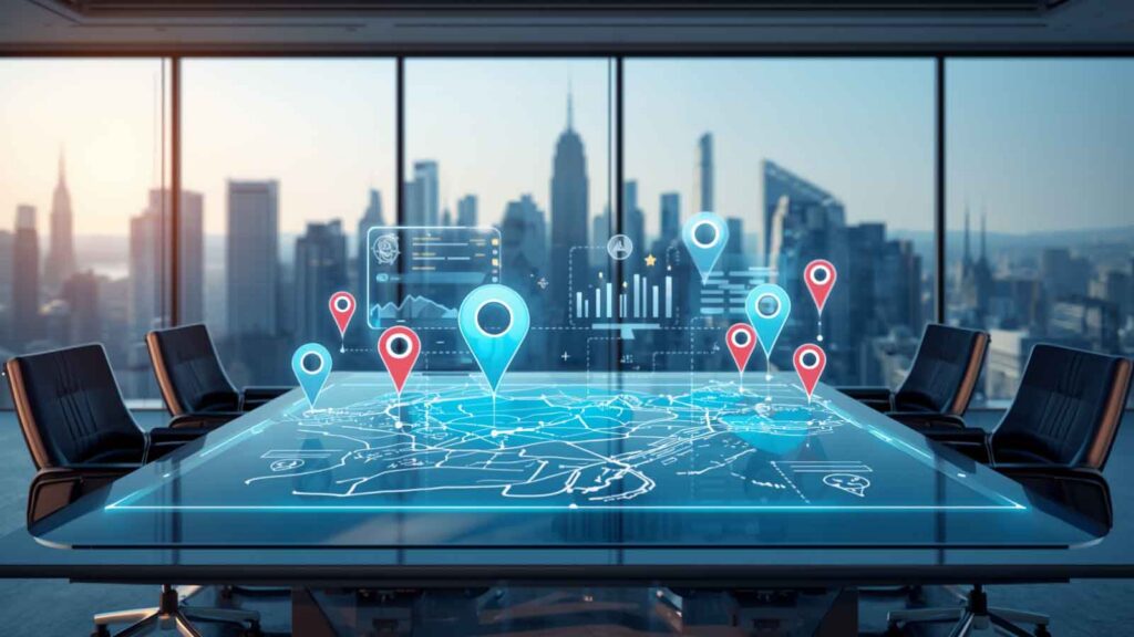 Holographic map with multiple location markers and digital analytics displayed.