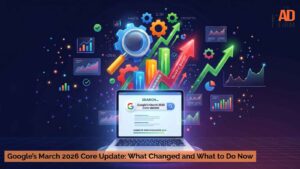 A graphic showing search performance data, growth charts, and SEO symbols for Google’s March 2026 Core Update.