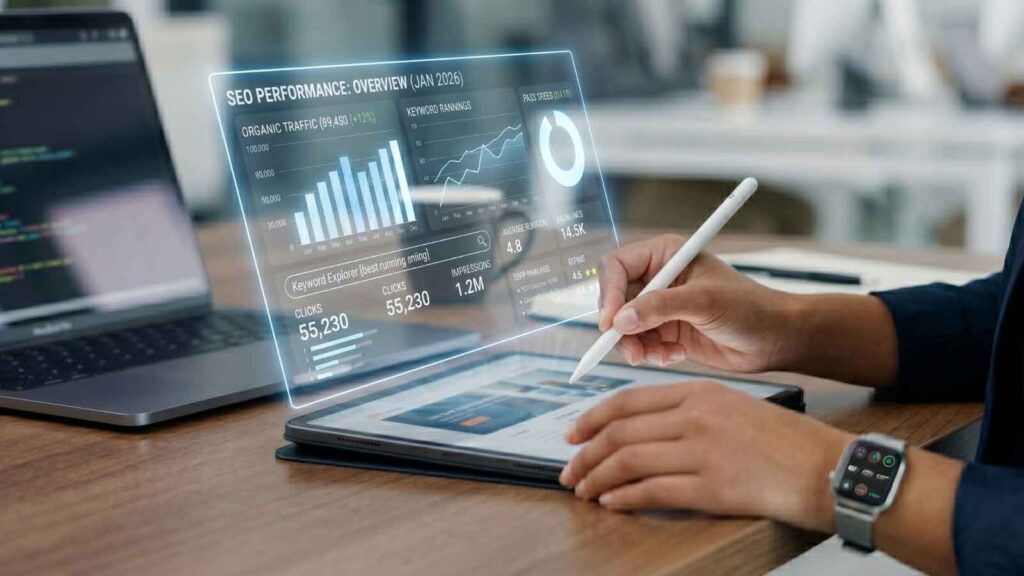 SEO professional reviewing an SEO analytics dashboard with organic traffic, keyword rankings, clicks, and impressions.