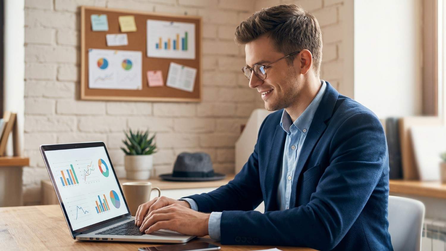 SEO professional using a laptop with analytics charts to review multi-location local SEO performance.