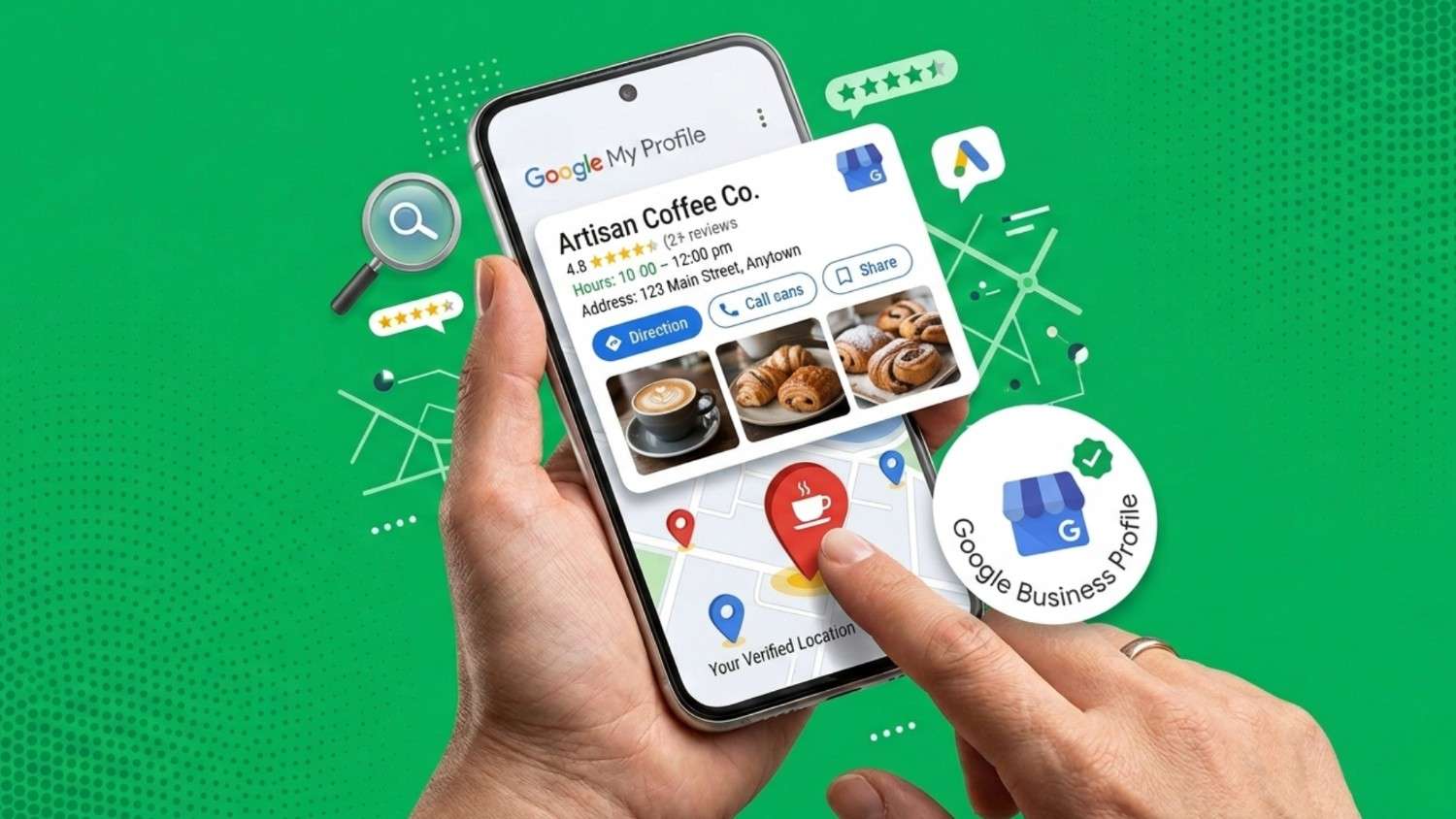 Person checking Google Business Profile information for local SEO visibility.