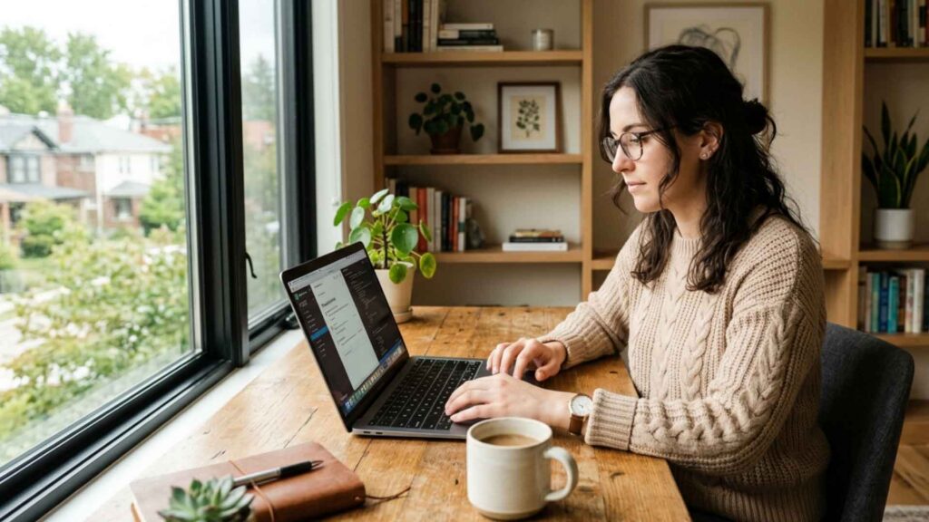 Professional working on a laptop while researching online sources for entity SEO and brand authority.