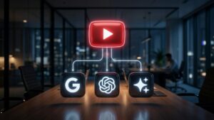 YouTube play button connected to Google, ChatGPT, and AI assistant icons.