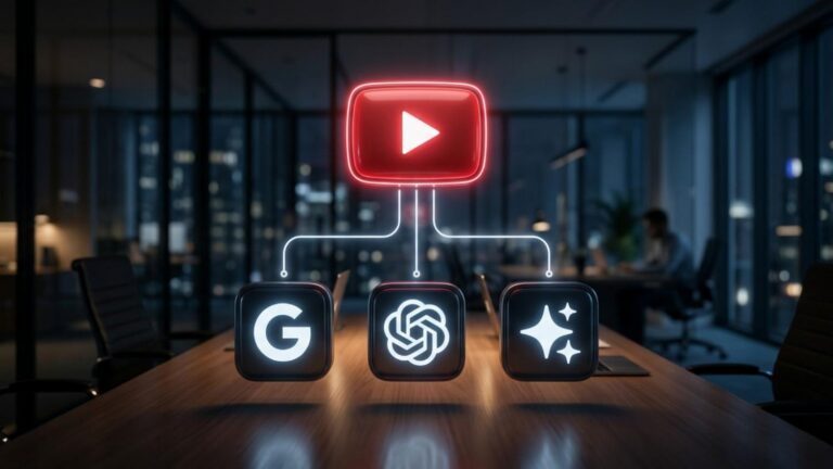YouTube play button connected to Google, ChatGPT, and AI assistant icons.