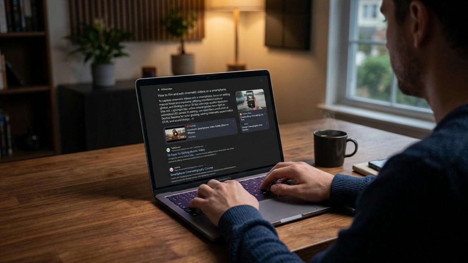 Person using a laptop showing an AI Overview with YouTube video results.