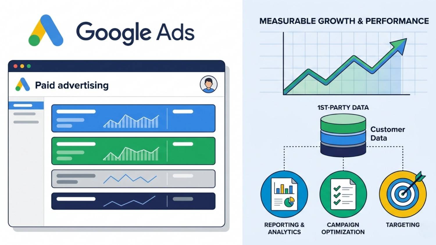 Person reviewing a Google Ads dashboard on a laptop with campaign performance charts and analytics.