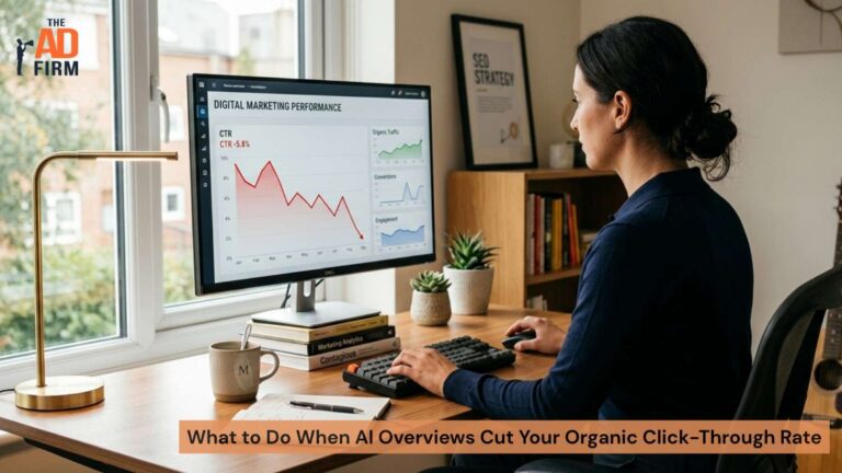 SEO specialist checking a downward CTR trend on a desktop monitor in a home office.