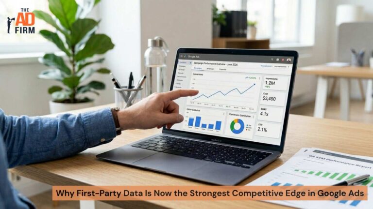 Why First-Party Data Is Now the Strongest Competitive Edge in Google Ads Paid advertising dashboard graphic with customer data feeding Google Ads reporting, optimization, and audience targeting.