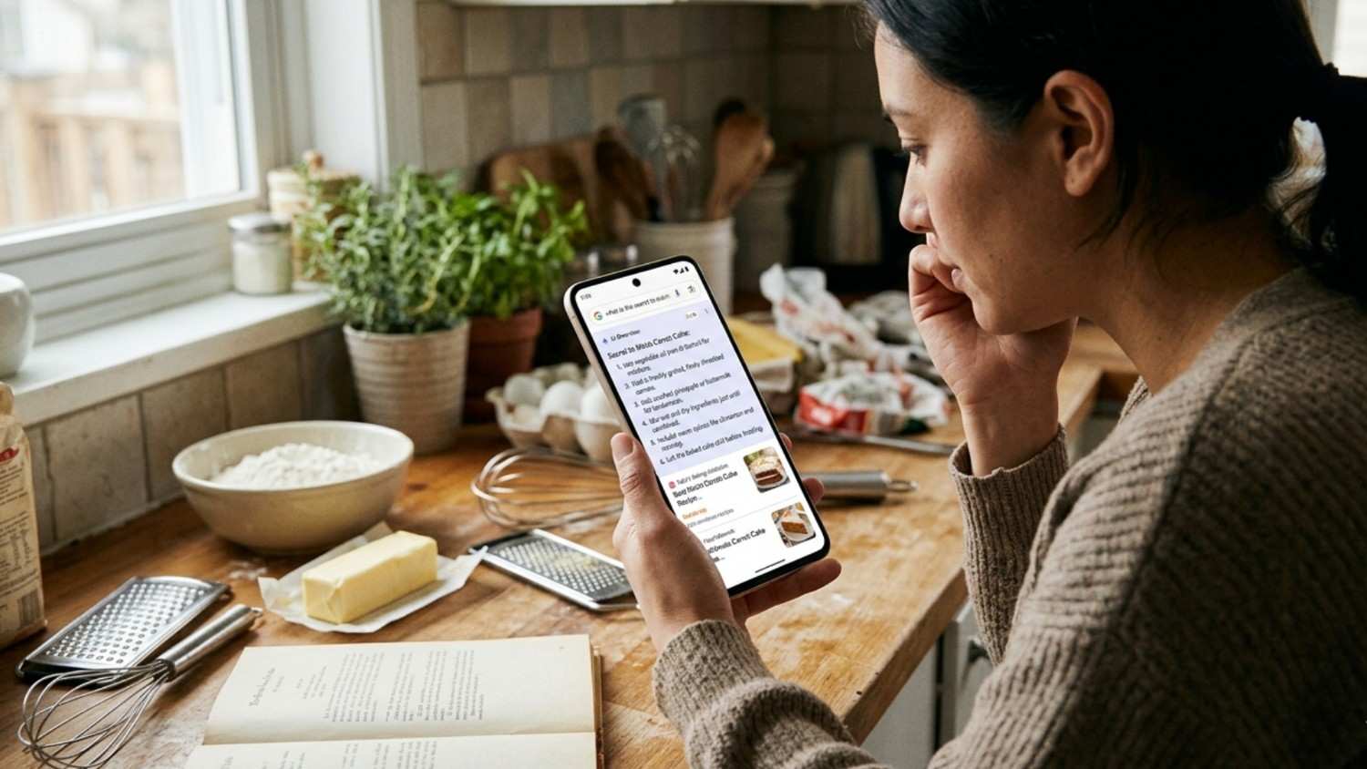 Woman viewing AI search results for a carrot cake recipe on her phone while baking.