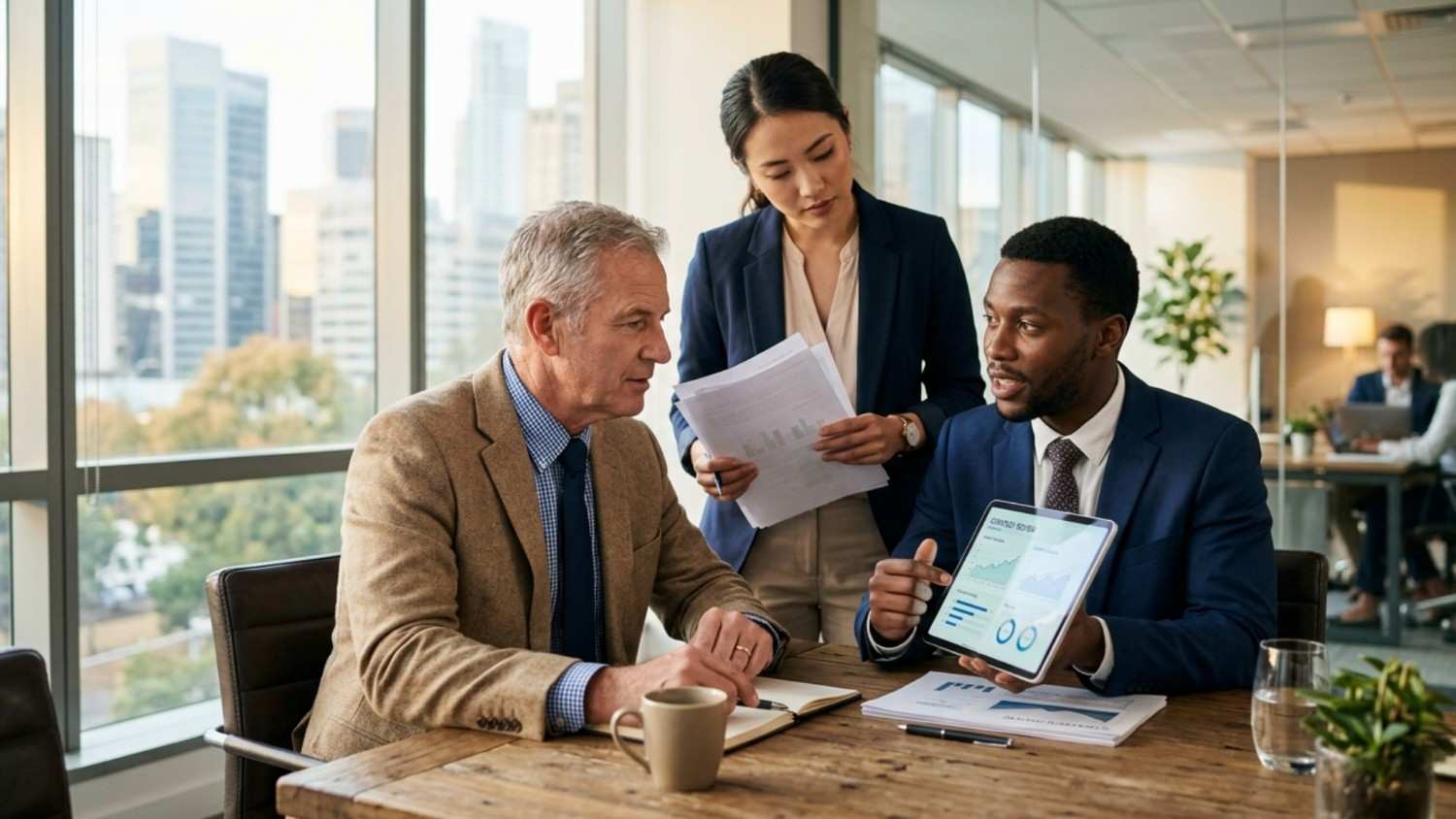 Three professionals discussing review management and local SEO strategy during a business meeting.