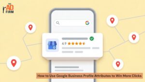 Google Business Profile listing displayed on a smartphone with review stars, map pins, and a verified badge.