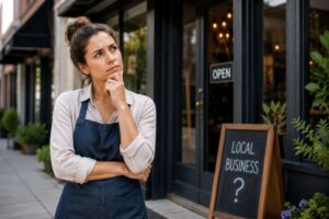 Woman standing thoughtfully in front of her local business.