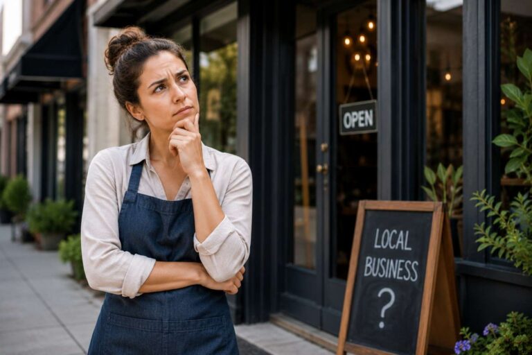 Woman standing thoughtfully in front of her local business.