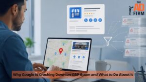 Business owner reviewing a Google Business Profile dashboard on a laptop with a local map pin and spam warnings being filtered in a modern office setting.