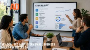 Business team discussing a local SEO audit in a bright meeting room.