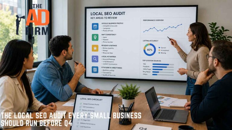 Business team discussing a local SEO audit in a bright meeting room.
