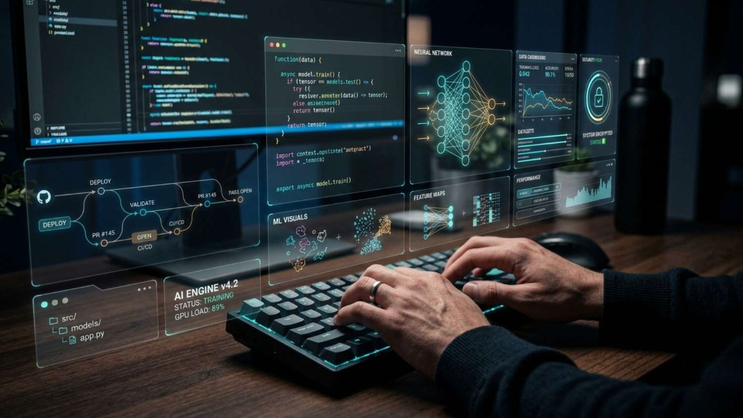 Computer workspace with coding screens, AI model visuals, cybersecurity icons, and performance data.