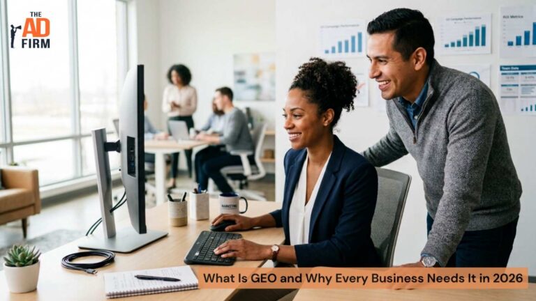 Digital marketing professionals working together on GEO and SEO strategy.
