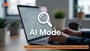 SEO professional using a laptop to explore AI search and modern SEO visibility metrics.