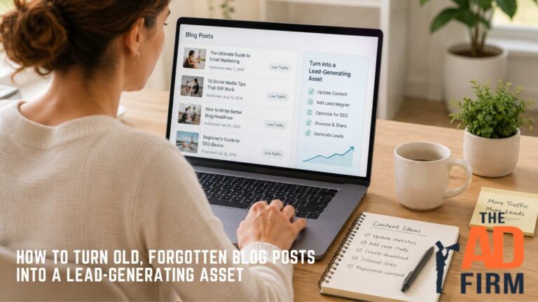 Woman reviewing older blog posts on a laptop