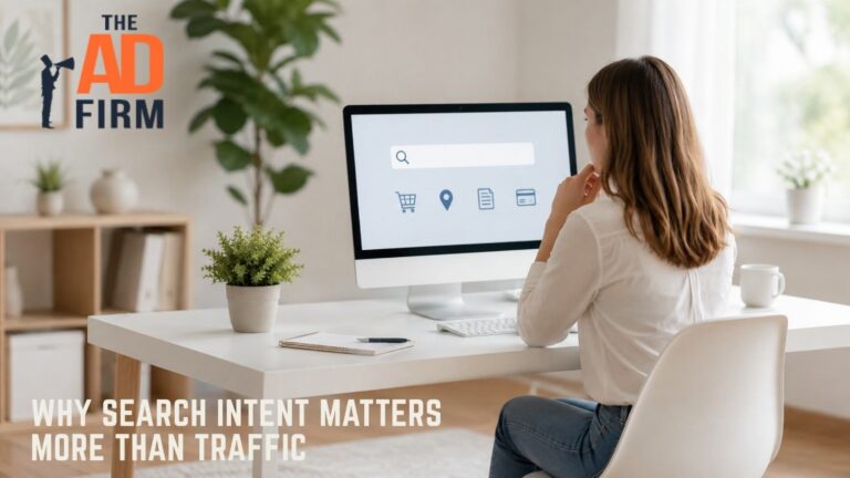 Woman researching search intent on a computer.