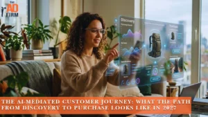 A woman interacts with a holographic shopping interface to view backpack product details.