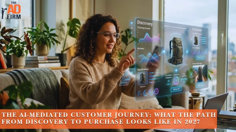A woman interacts with a holographic shopping interface to view backpack product details.