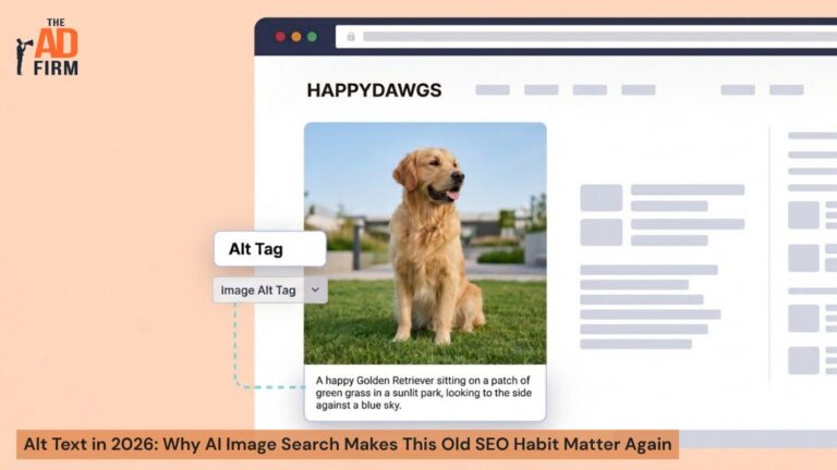 Website mockup showing image alt text added to a Golden Retriever photo for AI search optimization.