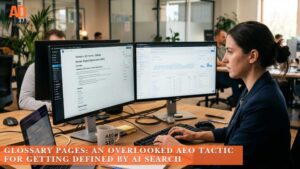 SEO specialist creating an AEO glossary page on dual monitors beside a search analytics dashboard.