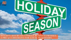 Season” road signs against a blue sky, representing holiday business hours.