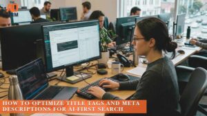 SEO professional working at a computer in an office, with text about optimizing title tags and meta descriptions for AI-first search.