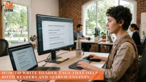 Content editor working on a webpage with structured headings, with text about writing header tags for readers and search engines.