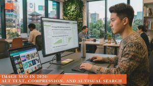 SEO professional reviewing image optimization data and a photo library, with text about alt text, compression, and AI visual search in 2026.