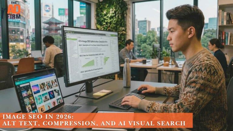 Image SEO in 2026: Alt Text, Compression, and AI Visual Search SEO professional reviewing image optimization data and a photo library, with text about alt text, compression, and AI visual search in 2026.