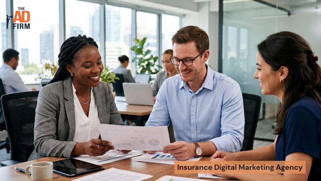 Insurance professionals reviewing marketing strategies during a business meeting.