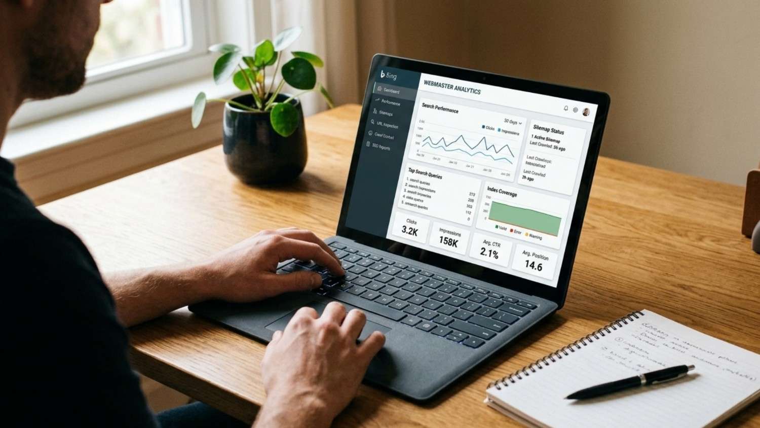 Person reviewing Bing webmaster analytics on a laptop for a guide about earning Copilot citations.