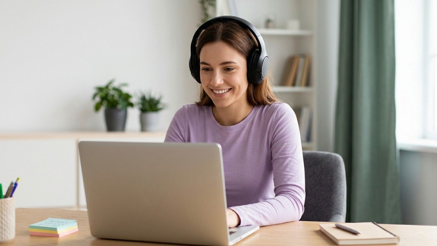 Person working on video transcripts from a laptop in a home office.