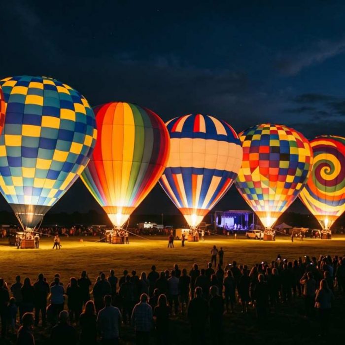Colorful hot air balloons glowing at night with crowd watching in Albuquerque.
